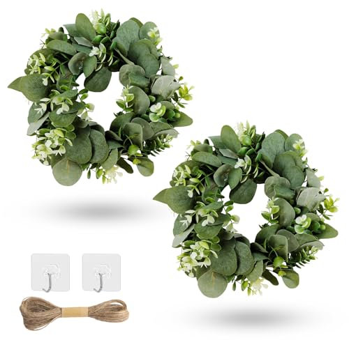 WATUNID 2PCS Artificial Eucalyptus Wreath for Front Door, 14 Inch Green Leaf Wreaths With 1PC Rope and 2PCS Hook, Spring Summer Door Wreath for Fireplace Wall Window Farmhouse Festival Garden Decor