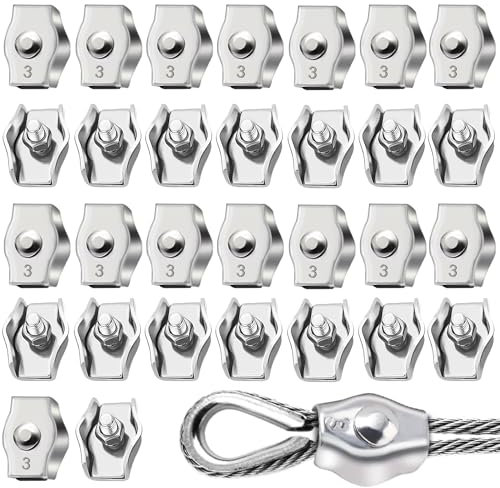 30 Piezas Clip para Cable de Acero Abrazadera de Cable Simplex,Abrazadera de clip de cable de acero inoxidable 304 para 1,5mm-3mm Cuerda de Alambre para La Fijación de Cables de Acero y Cables