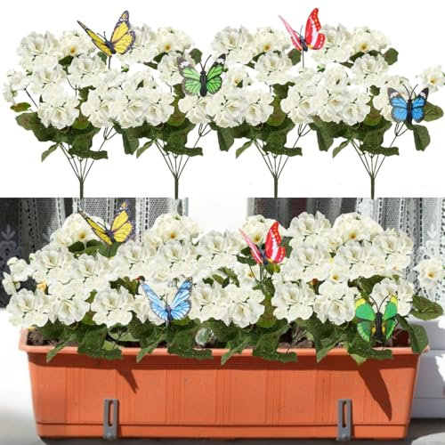 YELIKIT Artificial Flowers for Outdoor 4 Bundles Geraniums Faux Plants Flowers Spring Summer Decoration Fake Silk Flowers UV Resistant Indoor Outside Plants for Garden Porch Wedding Home, White