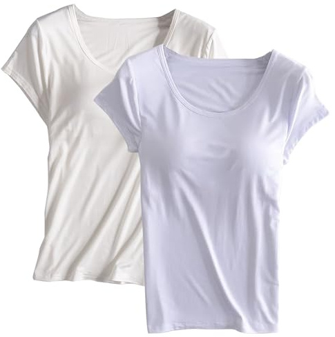 Keepink Built-in Bra T-Shirt for Womens 2PC Padded Active Tops Short Sleeves Blouses Soft Pajama Casual Shirts for Workout Yoga Gym Summer Casual Loose Fit Solid Color