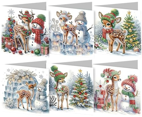 Generish 5D DIY Diamond Painting Karten, 6 Stuck Diamond Painting Weihnachten Karten,Schneemann Handgefertigte Grußkarten Geschenkkarte Feiertags für Familie, Freunde