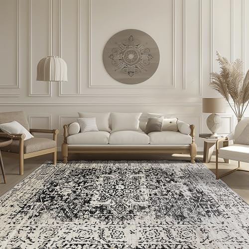 PONY DANCE Waschbarer Teppich Wohnzimmer Carpet Living Room Rug Schwarzer Teppich 160x230cm Vintage Dünner Teppich Quadratisch für Schlafzimmer/Kinderzimmer/Küche/Badezimmer
