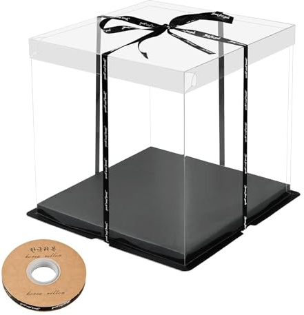 Cozlly Transparent Cake Box - Double Layer Large Gift Box with Sturdy Base, Clear Display Box for Cakes, Pastries, and Desserts, Perfect for Parties, Weddings, Celebrations, 8 Inch (Black)