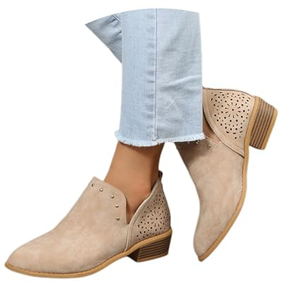 MEECHI Retro Stiefeletten Mit Nieten Damen Chelsea Kurz Stiefel Elegant Slip-on Ankle Boots Mit Blockabsatz 2024 Neu Hohl Booties Herbst Winter Freizeit Knöchel Schuhe Mit Pointed Toe
