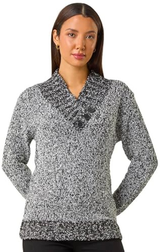 Roman Jumper for Women UK - Ladies Button Detail Embellished Tunic Sweater V-Neck Overlap Autumn Winter Smart Office Work Wear Casual Warm Cosy Pullover Day - Charcoal - Size 18