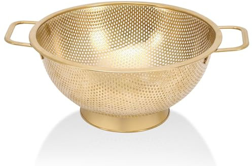Gold Strainer for Kitchen, 3QT, Stainless Steel Colander with Handle for Fruits Vegetables Cooking Food, Dishwasher Safe