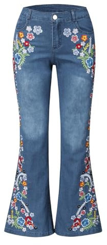 Stretch Hose Damen Stickerei-Jeans-Damenjeans Taillenhose unten Glocke Zerstörte Knopfhose Mid Waist Jeans Damen Jeanshosen Damen Weit (Blue, S)