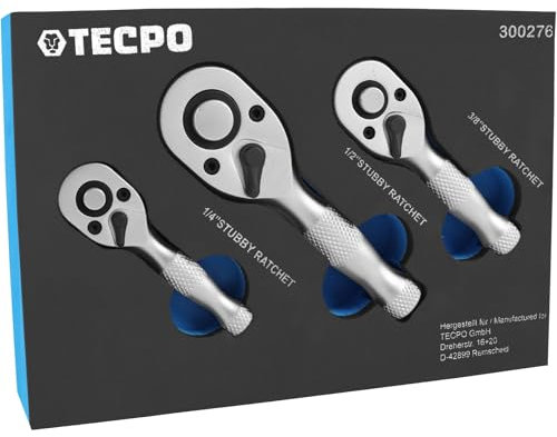 TECPO Mini-Umschaltknarren-Set, 3-tlg, extra kurze Ratschen, 1/4, 3/8, 1/2 Antrieb, 72-Zahn-Feinverzahnung, mit Schnelllösefunktion, ideal für enge Arbeitsbereiche, Knarren-Set, Ratschen Sortiment