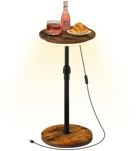 MAHANCRIS Runder Beistelltisch, Sofatisch, Nachttisch, 48,5-66 cm höhenverstellbarer Couchtisch mit LED-Leuchten und Untersetzer, Cocktailtisch, für kleine Räume, Sofaende, Vintagebraun AETHR32E01