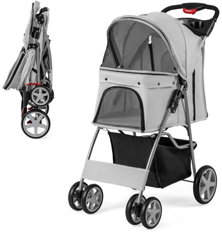 COSTWAY Folding Pet Stroller, 4 Lockable Wheels Dog Travel Pushchair Cat Buggy with Safety Belt, Adjustable Canopy, Cup Holder & Storage Basket, Dogs Cats Prams for Small Medium Pets (Grey)