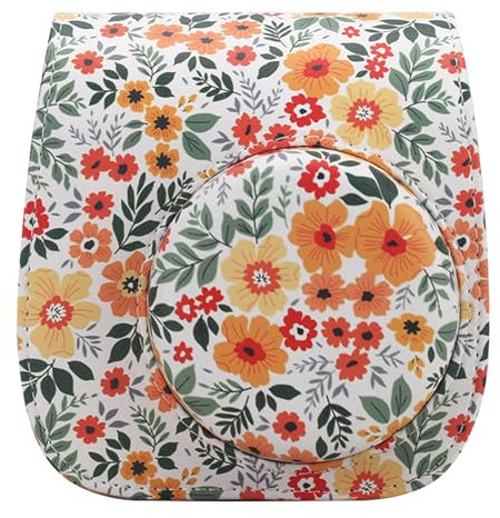 QICNMFA Schutzhülle Kompatibel mit Fujifilm Instax Mini 12 11 9 8 8+ Sofortbildkamera, PU-Leder Kameratasche mit Tasche und verstellbarem Schultergurt, Gelbe Blumen, Kameratasche
