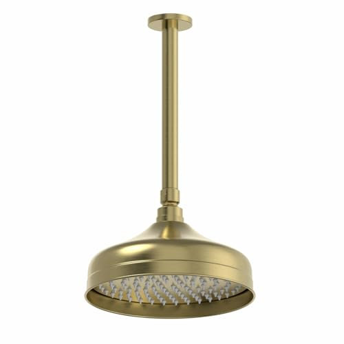 Park Lane® Traditional Bathroom Rainfall Drencher Shower Head, Ceiling Mounted Arm, Large Round Stainless Steel Adjustable, Rub Clean Nozzles, Brushed Brass