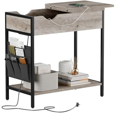Nicehill Side Table with Charging Station, Narrow End Table with USB Ports, Outlets, Fabric Bags, Storage Shelf, Narrow Bedside Table for Small Rooms, Bedroom, Living Room, Light Wood Grain