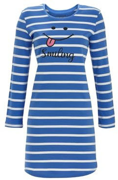 Ringella Damen Nachthemd Langarm, Blau mit weißen Ringeln | Interlock aus 100 % Baumwolle, Rundhalsausschnitt, „Smiling-Motivdruck, Knielang mit abgerundetem Saum