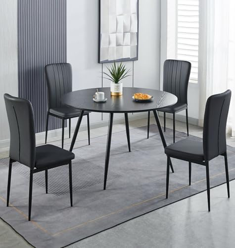 Hallowood Furniture Cullompton Large Black Dining Table and Chairs Set 4 | Wood Grain Effect Table and Chairs Set 4 in Elegant Black PU Leather Seats and Metal Frame, Dining Room Sets for Home or Café