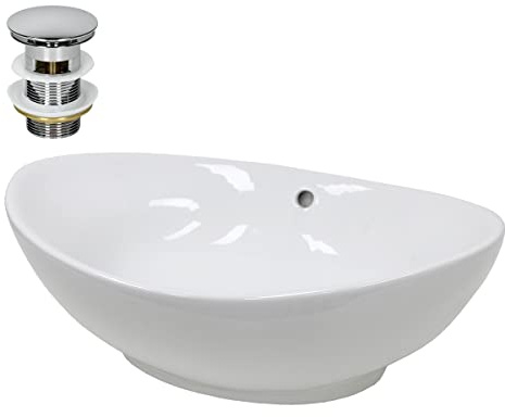 LuxeBath Waschbecken Keramik 590x390x200 mm oval Weiß mit Ablaufgarnitur Silber, Aufsatzwaschbecken für Badezimmer/Gäste-WC, Modernes Aufsatzbecken, Waschtisch Waschschale Waschplatz Handwaschbecken