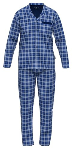 Götzburg Herren Schlafanzug - lang, durchgeknöpft, Pyjama, Baumwolle, Muster Blau/Weiß 3XL