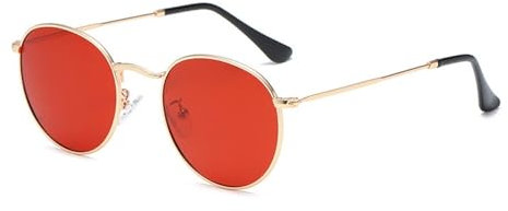 RUNHUIS Kleine Rund polarisierte Sonnenbrille Damen Herren Vintage Klassische Super Leichte Metallrahmen Gläser Retro Mode Brillen für Fahren Angeln (Gold/Rot-1)