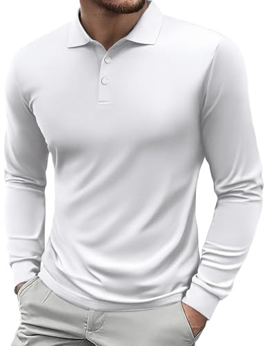 PINSPARK Herren Golfshirts Sonnenschutz UPF 50+ Langarmshirt Schnelltrocknend Atmungsaktiv Poloshirt Frühling Leichtes Polohemd Golf Tennis Angeln Sportshirt Weiß XXL