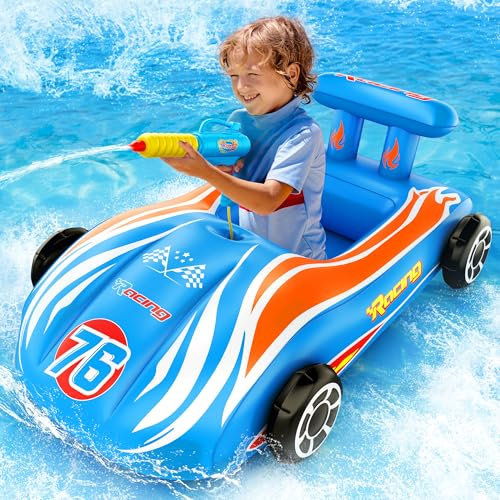 Inflatable Race Car Pool Float with Water Gun - Ride - on Fun for Kids Ages 4-8, Summer Outdoor Swimming Pool Toy for Boys & Girls