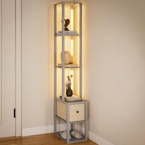 HOMCOM Floor Lamp with Shelves LED Standing Lamp Fabric Drawer Grey | Column Modern Design, Adjustable Brightness, Foot Switch, for Living Room Bedroom Office