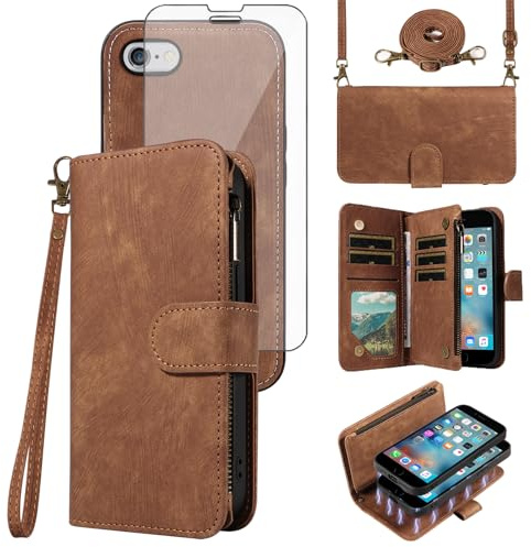 Phone Case for iPhone 6 6s Zipper Wallet Detachable Cell Cover and Screen Protector Crossbody Lanyard Strap Flip Card Holder Slot iPhone6 Six i6 S iPhone6s i Phone6s Phone6 6a S6 6SE Women Girls Brown