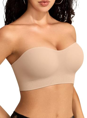 Vertvie Strapless Bras for Women Non-Slip Wireless Push Up Bandeau Bra Seamless Comfort Tube Top Non-Wired Supportive Padded Bralette (Nude,L)