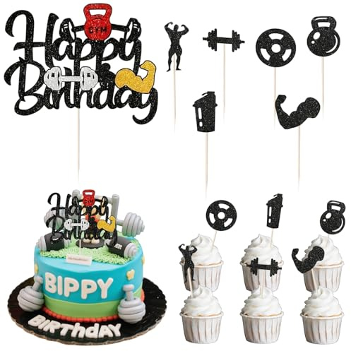 25pcs Gym Theme Birthday Cake Decorations, Barbell Kettlebell Cake Toppers with Glitter, Fitness-Themed Cake Party Decor Supplies for Men Women Boy Girl And Fitness Lovers