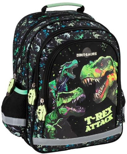 Schwarzer Dinosaurier-Schulrucksack für Jungen, 3 Fächer (Dinosaurier A)