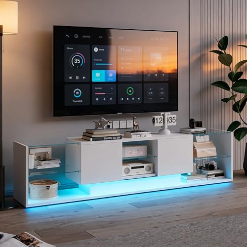 BRILVERDE Moderno mobile TV con LED, tavolo per TV con 2 armadietti, mobile TV lucido, tavolino da soggiorno con ripiano in vetro, armadietto effetto legno (bianco)