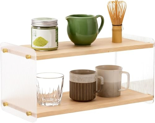 Coffee Station Organizer 2 Tier Matcha Station Wooden Cup Station Organizer Matcha Whisk Set Organizer Stand Shelf Mug Display Rack for Placing Coffee Beans Green Tea Powder Cups