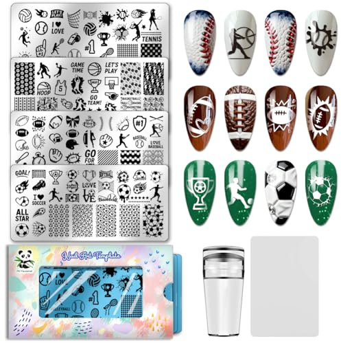 PH PandaHall 4pcs Sports Theme Nail Stamping Plates Volleyball Basketball Nail Art Templates Football Tennis Nails Arts Stencils Sports Events Nails Image Plates for Women Fingers Manicure Designs