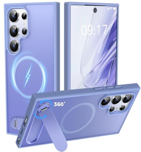New-One Handy Hülle Für Samsung Galaxy S24 Ultra [360° Unsichtbarer Kickstand] [Magnetisch & Magsafe Kompatibel] [Militärisch Stoßfest] Silicone Bumper Dünn 5G Ständer Case - Matte Schutzhülle Lila