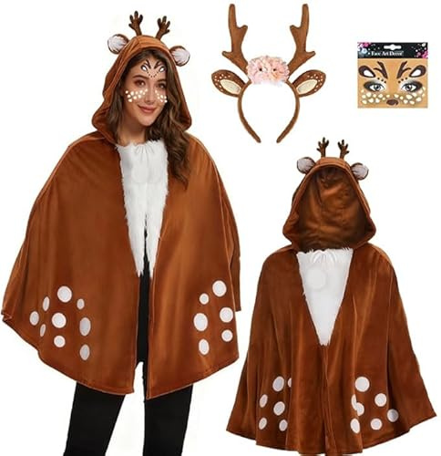 TaiXinYuly Rentier Karneval Damenkostüm, Reh Bambi Cape mit Kapuze, Rentier Geweih Haarreif, Glitter Gesichtstattoo, Reh Kostüm Damen, Reh Tier Kostüm für Fasching Weihnachten Motto Party