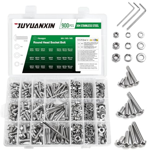 900 Stück M4 M5 M6 Schrauben Set, Linsenkopfschrauben mit Muttern, Edelstahlschrauben mit innensechskant Schrauben Muttern Set Und Unterlegscheiben Sortiment, Rundkopfschrauben Sechskantschrauben