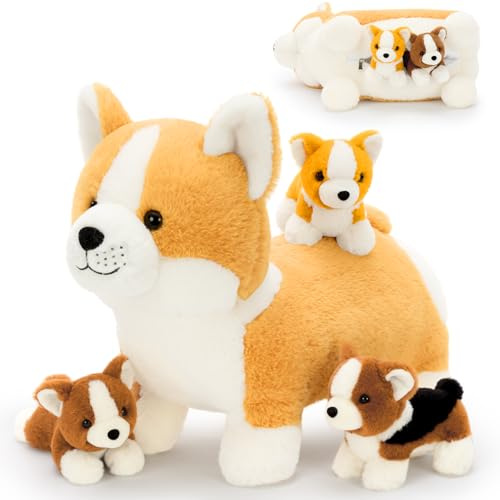 MorisMos Corgi Kuscheltier XXL mit 3 Baby im Bauch, groß Plüschtier Welpe stofftier, Geburtstag Weihnachten Geschenk Kinder