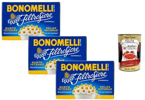 Italian Gourmet Camomilla in Filtri Kamillentee Blüten 3 x 28g, 42 Beutel | Gusto intenso e naturale relax, tisana serale, aromatischer Kräuteraufguss, Gesamtnettogewicht 84 g + Kostenlos Polpa 400g