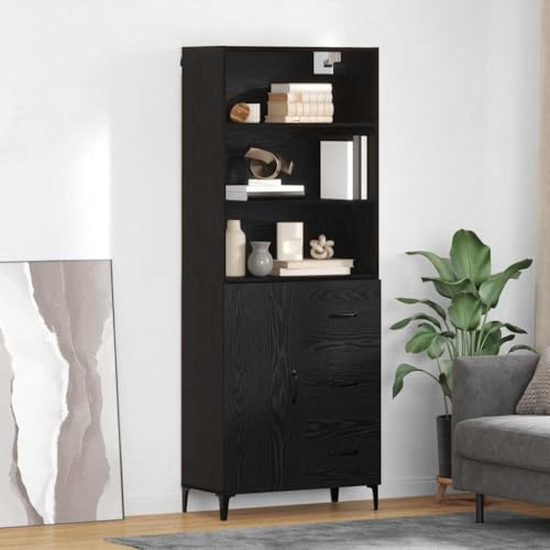 HETFTJN Highboard 180 cm Schwarz Eiche Industrial Sideboard mit 3 Schubladen & 1 Tür aus Holzwerkstoff und Eisenbeinen Modernes Design mit viel Stauraum für Esszimmer Wohnzimmer Flur
