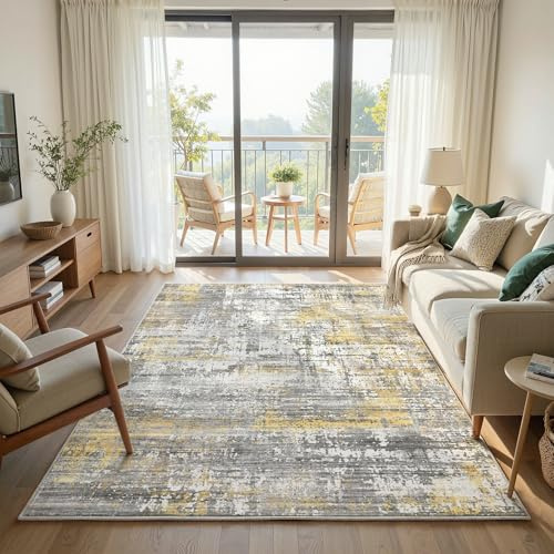 Klyvvo Astratto Tappeto Soggiorno 140x200 cm,0.85cm Pelo corto Tappeto,1200 g/m³ poliestere,lavabile in lavatrice,TPE antiscivolo base,per camera da letto,sala da pranzo,Camera degli ospiti,Grigio&oro