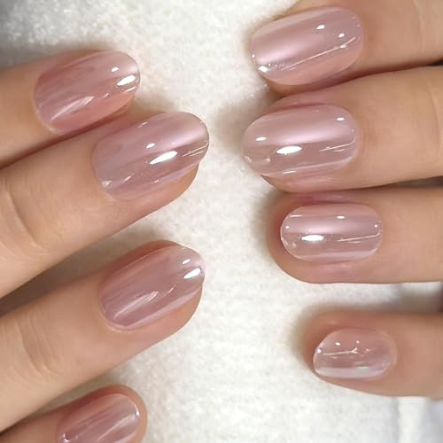 CurvLife Short Oval Chrome Nude Press On Nails, Champagne Pearl, Soft Gel | 32PCS in 16 Sizes, Salon-Quality Fake Nails, Curved Fit, Glue-On Nails with 7-14 Day Wear, Reusable Stick-On Nails
