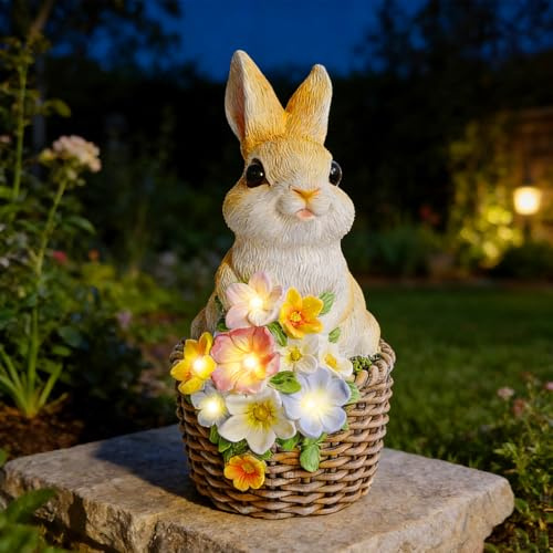 Nexoria Osterdeko Hase Solar Gartendeko für Draußen Wetterfest Osterhasen Figuren Solarlampe für Draußen Ostern Deko Hase Figur mit Solarlicht Solar Gartendeko Statue für Garten Balkon Terrasse (E)