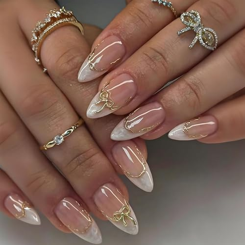 Almond False Nails Short - Full Cover White Press On Nails with Gold Edged Ribbon Bow Design - 24PCS Acrylic Nail Tips for DIY Manicure at Home - Reusable Stick On Nails for Women