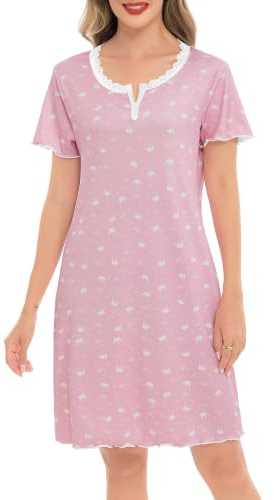 Sopesil Chemises de Nuit Femme Manches Courtes Impression Robe De Nuit Col en V Vêtement De Nuit Ample et Confortable Taille S-XXL