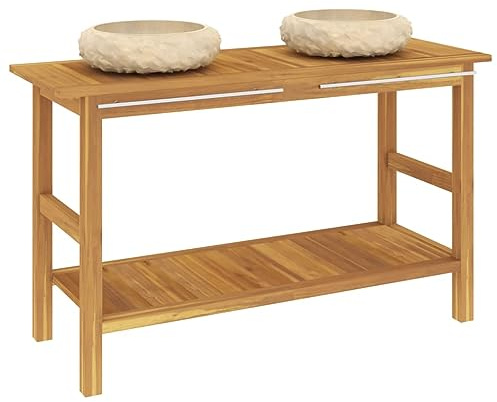 mtlskopl Waschtischunterschrank Set mit 2 Marmorbecken Creme, Doppelwaschtisch aus Massivholz Teak, Badezimmerschrank mit Handtuchhaltern, 132 x 45 x 75 cm für das Bad