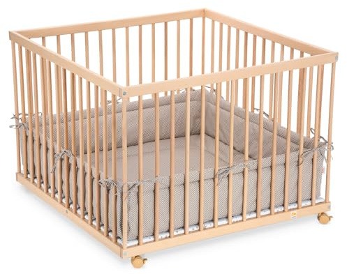 FabiMax Baby Laufgitter 100x100, stufenlos höhenverstellbar, mit Schlupfsprossen, Laufstall aus massivem Buchenholz, klar lackiert (Beige Punkte)