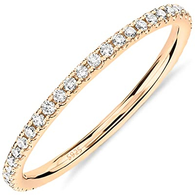 PAVOI 14K Yellow Gold Plated 925 Sterling Silver Stackable CZ Ring for Women | Thin Band for Stacking | Simulated Diamond Eternity Wedding Band | Size 7