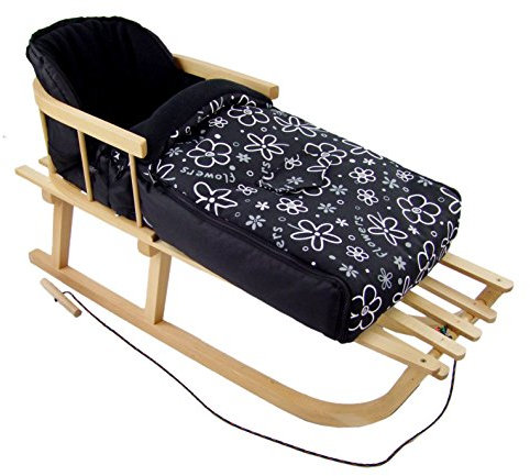 Rawstyle *Kombi-Paket* Holz-Schlitten mit Rückenlehne & Zugseil + universaler Winterfußsack (90cm) Fleece, auch geeignet für Babyschale, Kinderwagen, Buggy (Flowers Schwarz)