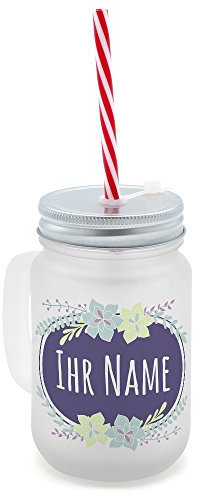 printplanet® - Trinkglas mit Henkel und Strohhalm - personalisiert mit Namen - Motiv Flowers - Henkel-Glas satiniert mit Deckel und Mehrweg-Trinkhalm