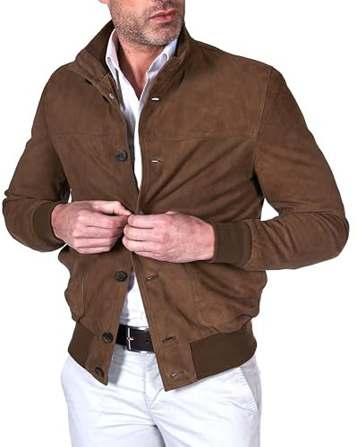 D'Arienzo Bomber in Pelle Scamosciata Fango Uomo Renna Camoscio Giacca Primaverile Giubbotto Giubbino Vera Pelle Alex Bottoni 48/Fango
