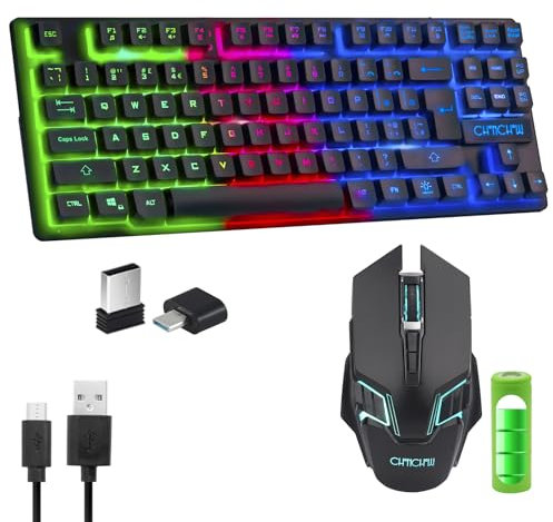 Gaming Wireless TKL Keyboard Mouse Combo Rechargeable LED Backlit Tenkeyless Compact 87 Keys 6 Button for Computer Laptop PS4 PS5 Switch Compatible with Windows XP/7/8/10 iMac MacBook Xbox one X